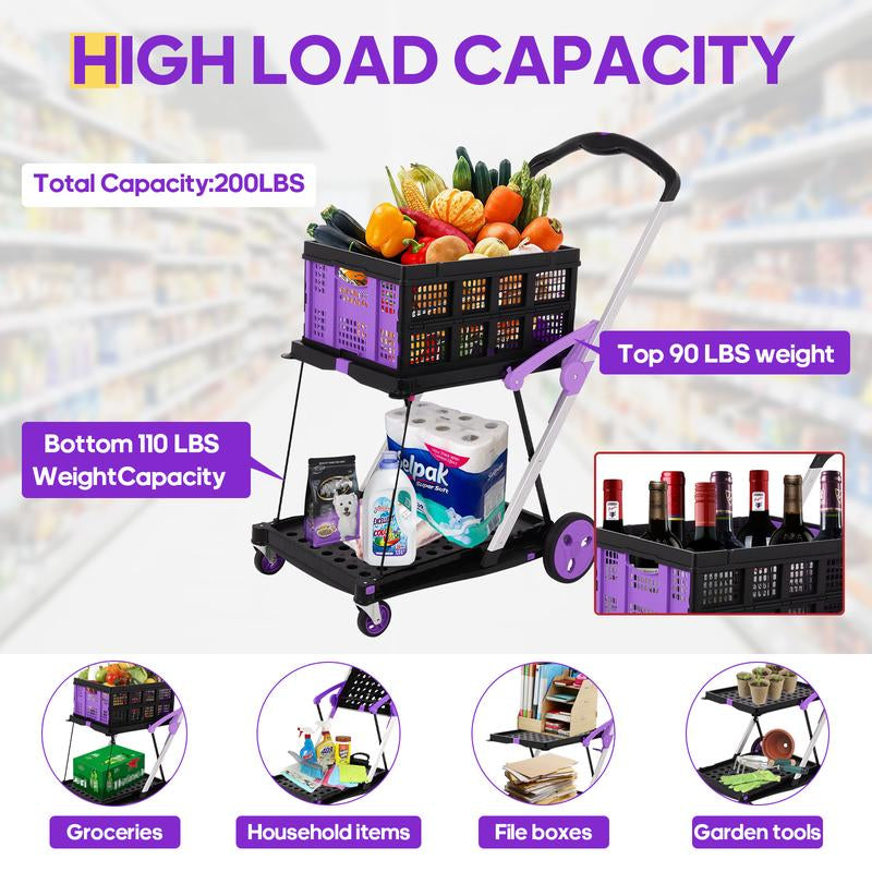 Utility Cart, Folding Shopping Cart, Multi-Functional Collapsible Cart, Grocery Cart on Wheels Foldable with Storage Crate,Camping Cart Carrying Transport Multi-Purpose Large Capacity Utility Wagon Personal