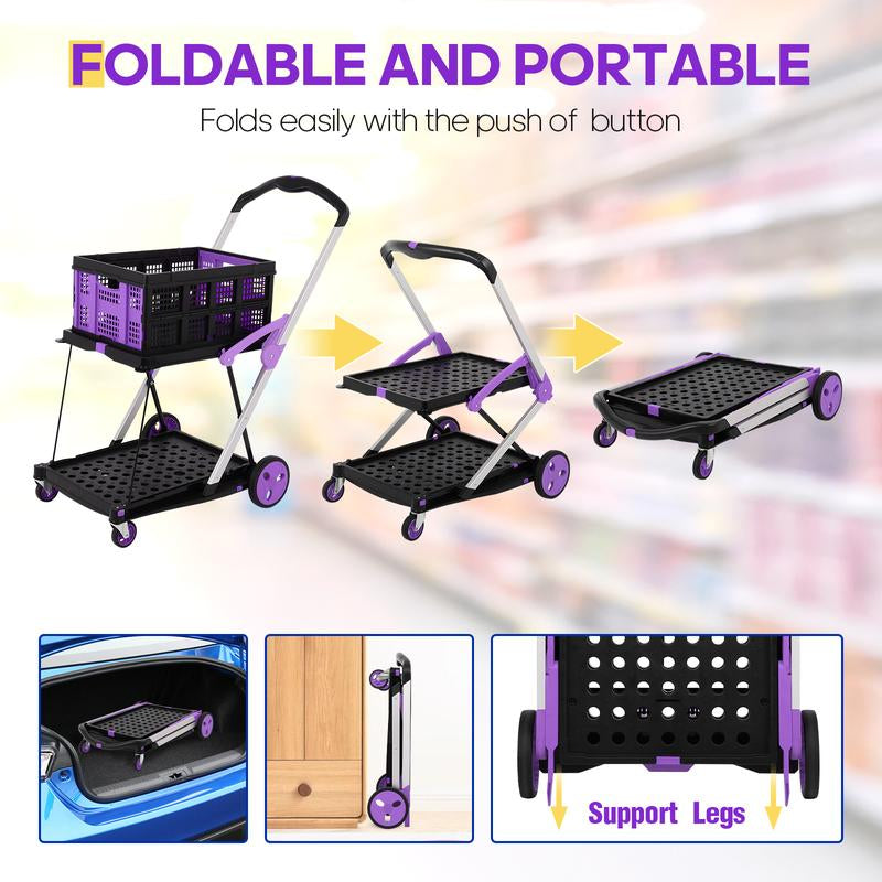 Utility Cart, Folding Shopping Cart, Multi-Functional Collapsible Cart, Grocery Cart on Wheels Foldable with Storage Crate,Camping Cart Carrying Transport Multi-Purpose Large Capacity Utility Wagon Personal